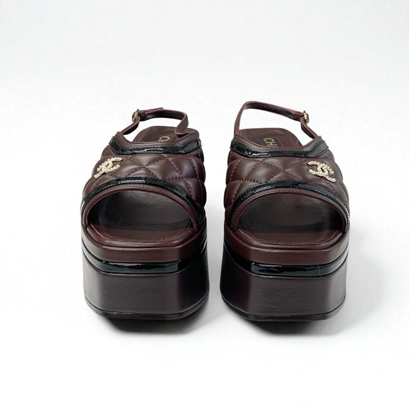 Chanel Sandals Shoes Leather Brown Black Coco Mark Matelasse Ring Bag