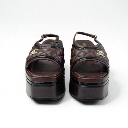 Chanel Sandals Shoes Leather Brown Black Coco Mark Matelasse Ring Bag