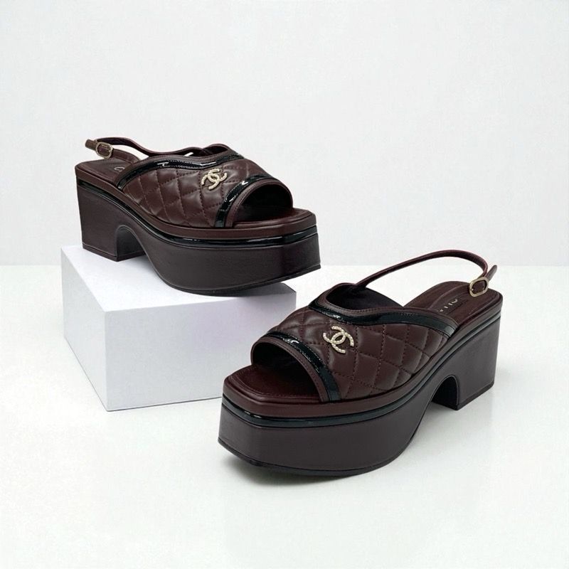 Chanel Sandals Shoes Leather Brown Black Coco Mark Matelasse Ring Bag