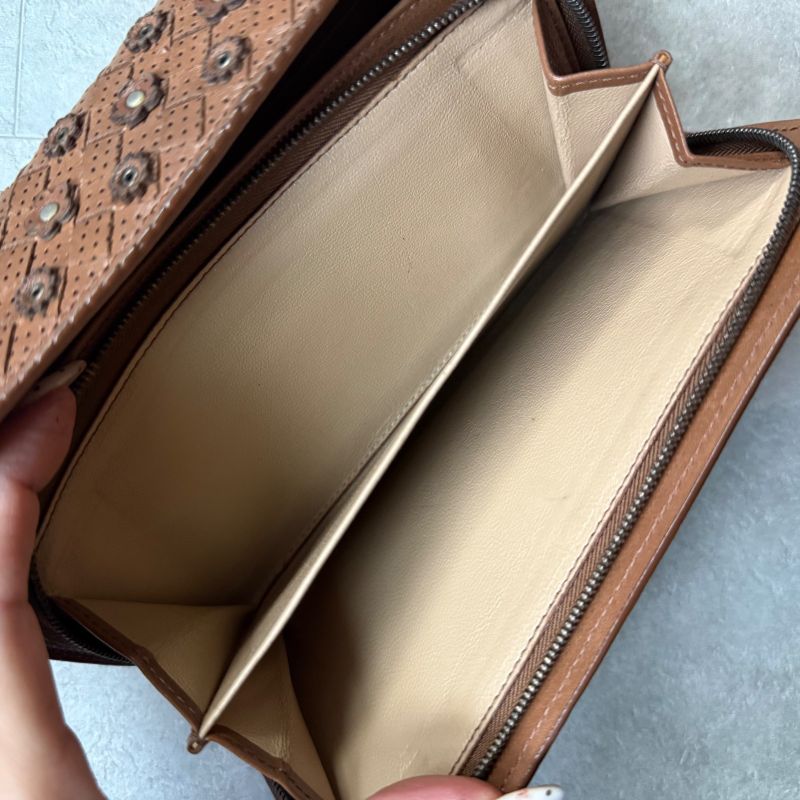 Bottega Veneta Intrecciato Flower Leather Long Wallet Brown Camel Floral