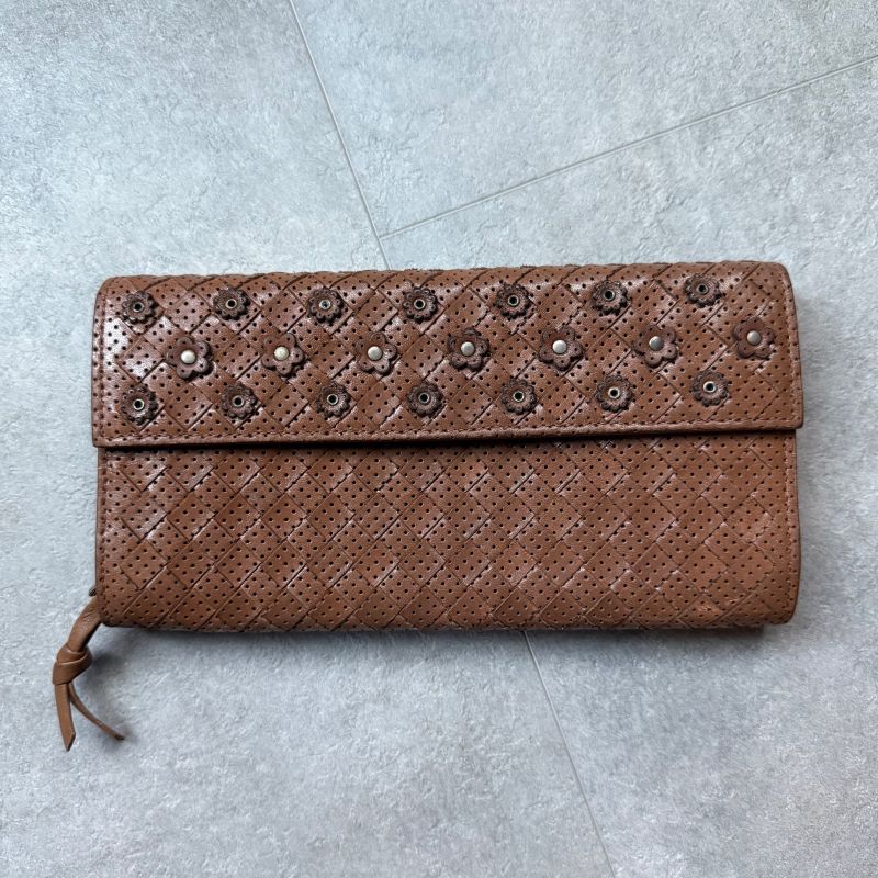 Bottega Veneta Intrecciato Flower Leather Long Wallet Brown Camel Floral