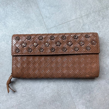 Bottega Veneta Intrecciato Flower Leather Long Wallet Brown Camel Floral