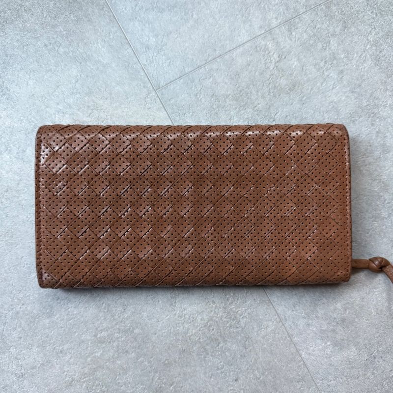 Bottega Veneta Intrecciato Flower Leather Long Wallet Brown Camel Floral