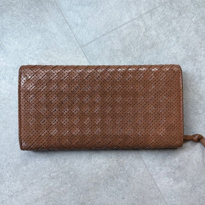 Bottega Veneta Intrecciato Flower Leather Long Wallet Brown Camel Floral