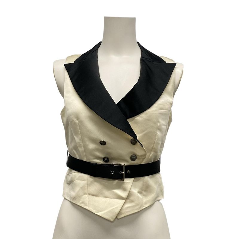 Chanel Vest Size 36 S Women's P33907 Ivory and Black Double Lion Button Silk