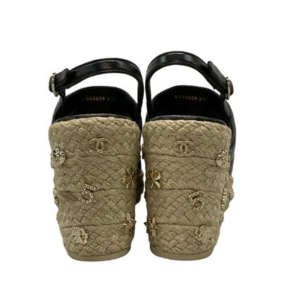 Chanel Sandals 37 C Women - G45629 Black Wedge Sole Espadrilles Choco Bar