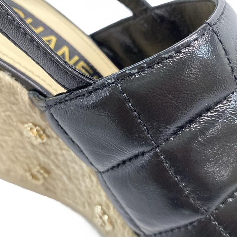 Chanel Sandals 37 C Women - G45629 Black Wedge Sole Espadrilles Choco Bar