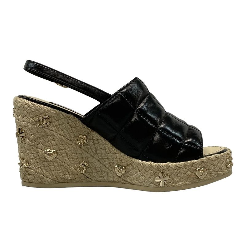Chanel Sandals 37 C Women - G45629 Black Wedge Sole Espadrilles Choco Bar
