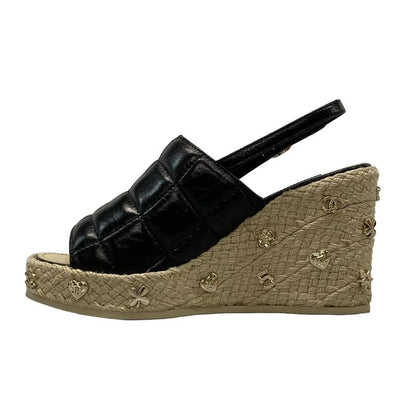 Chanel Sandals 37 C Women - G45629 Black Wedge Sole Espadrilles Choco Bar