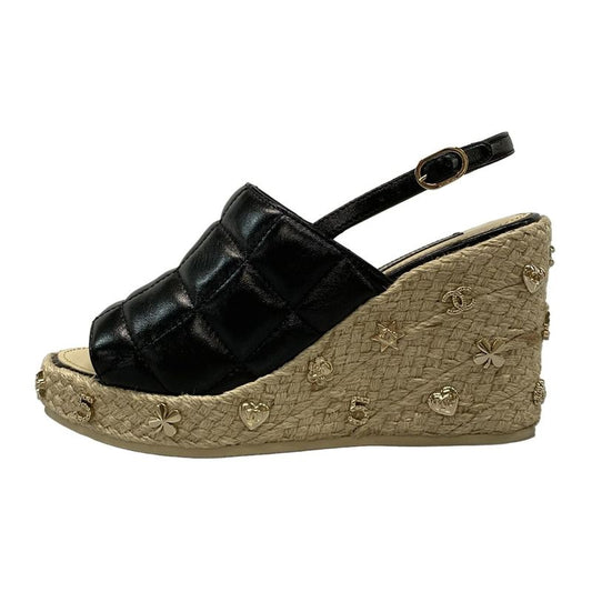 Chanel Sandals 37 C Women - G45629 Black Wedge Sole Espadrilles Choco Bar