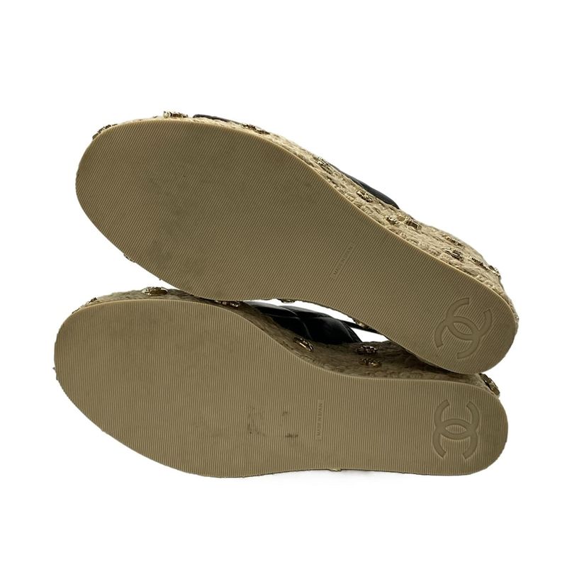 Chanel Sandals 37 C Women - G45629 Black Wedge Sole Espadrilles Choco Bar