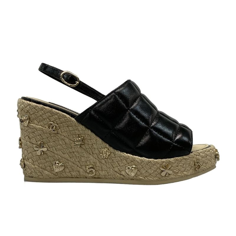 Chanel Sandals 37 C Women - G45629 Black Wedge Sole Espadrilles Choco Bar