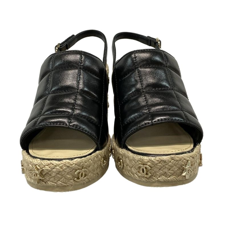 Chanel Sandals 37 C Women - G45629 Black Wedge Sole Espadrilles Choco Bar