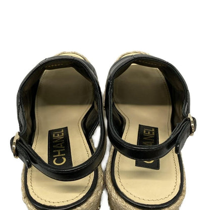 Chanel Sandals 37 C Women - G45629 Black Wedge Sole Espadrilles Choco Bar