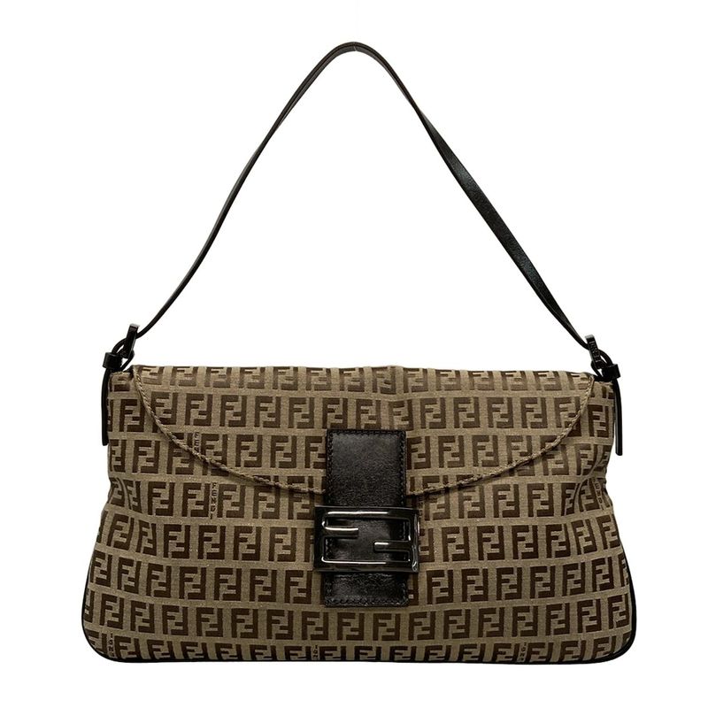 Fendi Handbag Zucchino Pattern 8br002 Beige and Dark Brown Leather