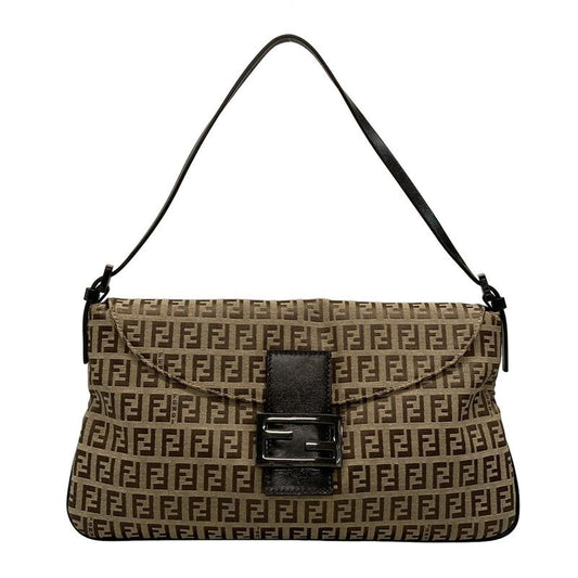Fendi Handbag Zucchino Pattern 8br002 Beige and Dark Brown Leather
