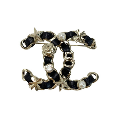 Chanel Coco Mark Rhinestone Fake Pearl Brooch B22v Black X Gold Leather X