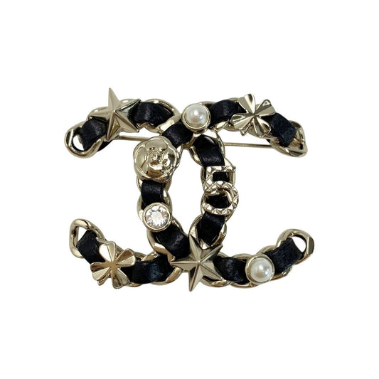Chanel Coco Mark Rhinestone Fake Pearl Brooch B22v Black X Gold Leather X