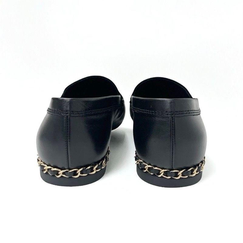 Chanel Loafer Leather Shoes Leather Black Gold Here Mark Chain Flat Shoes