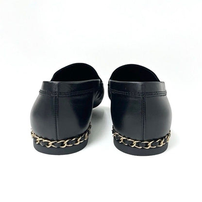 Chanel Loafer Leather Shoes Leather Black Gold Here Mark Chain Flat Shoes