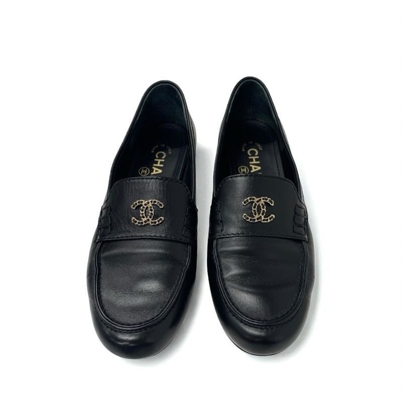 Chanel Loafer Leather Shoes Leather Black Gold Here Mark Chain Flat Shoes