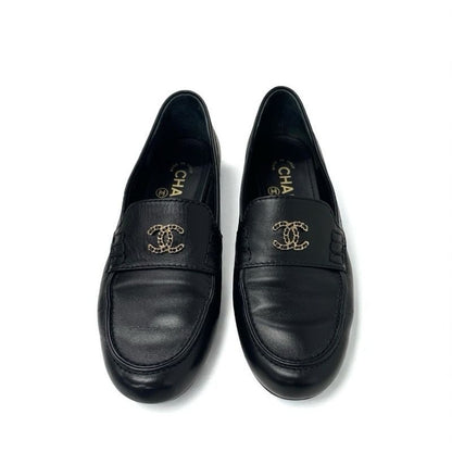 Chanel Loafer Leather Shoes Leather Black Gold Here Mark Chain Flat Shoes
