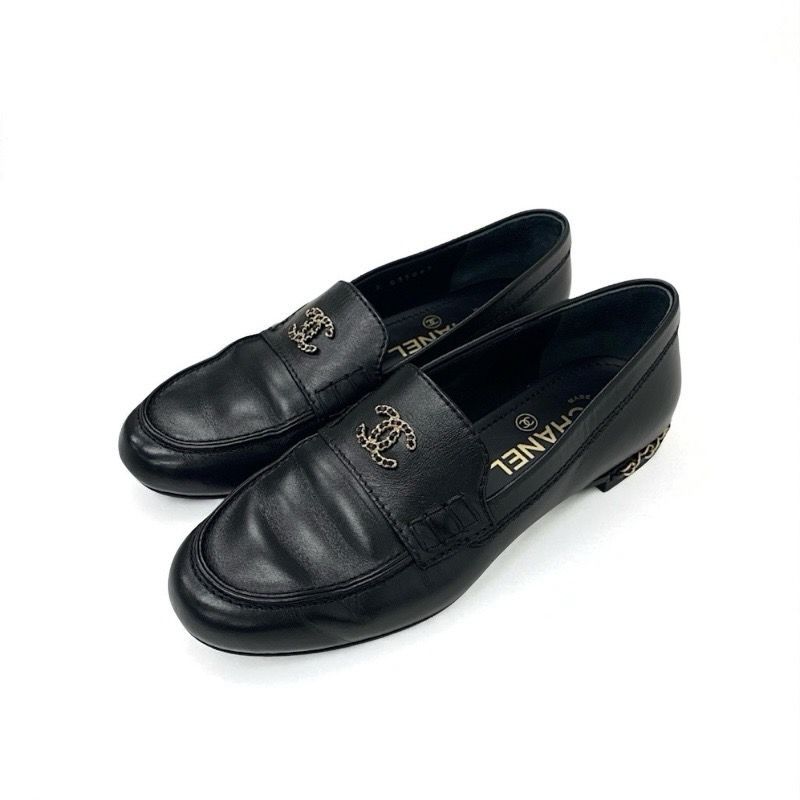 Chanel Loafer Leather Shoes Leather Black Gold Here Mark Chain Flat Shoes