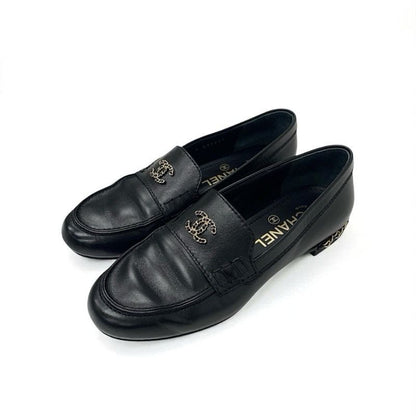 Chanel Loafer Leather Shoes Leather Black Gold Here Mark Chain Flat Shoes