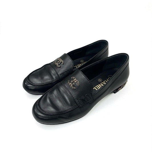 Chanel Loafer Leather Shoes Leather Black Gold Here Mark Chain Flat Shoes