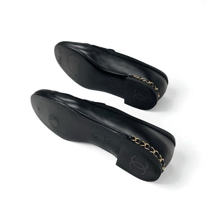 Chanel Loafer Leather Shoes Leather Black Gold Here Mark Chain Flat Shoes