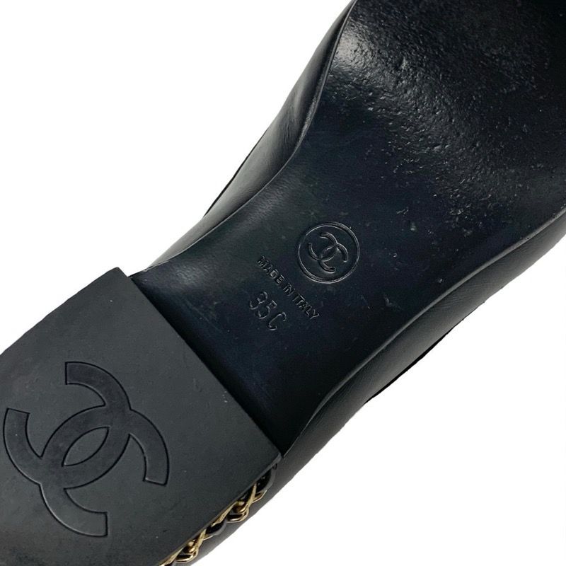 Chanel Loafer Leather Shoes Leather Black Gold Here Mark Chain Flat Shoes