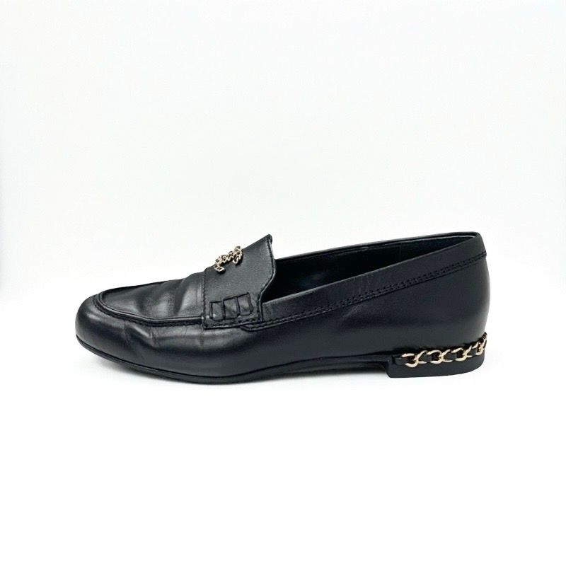 Chanel Loafer Leather Shoes Leather Black Gold Here Mark Chain Flat Shoes