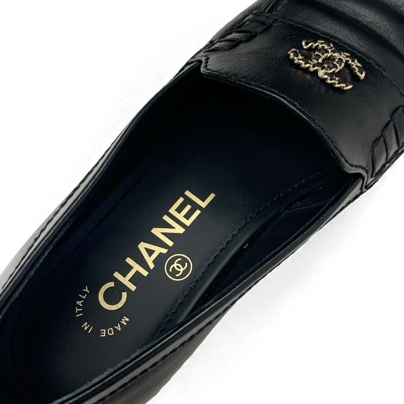 Chanel Loafer Leather Shoes Leather Black Gold Here Mark Chain Flat Shoes