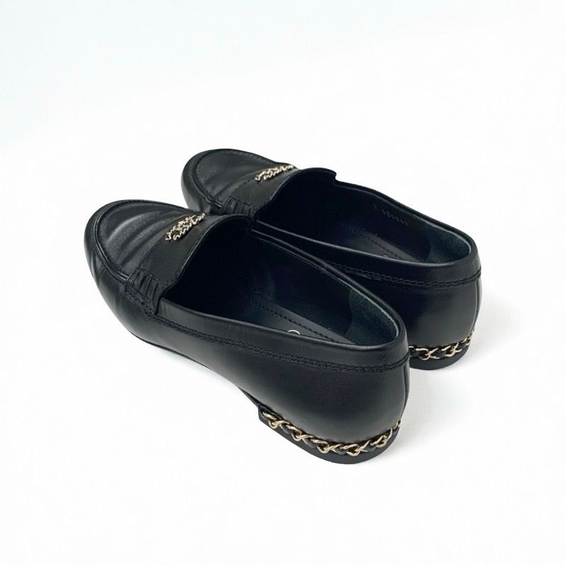 Chanel Loafer Leather Shoes Leather Black Gold Here Mark Chain Flat Shoes