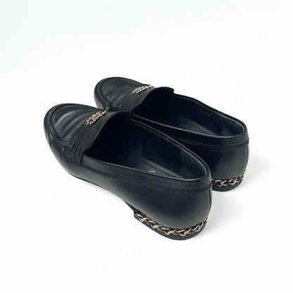 Chanel Loafer Leather Shoes Leather Black Gold Here Mark Chain Flat Shoes