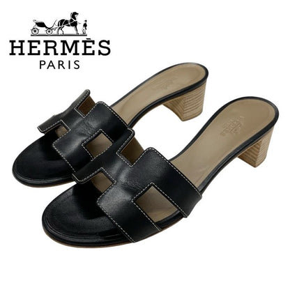 Hermes Oasis Sandals Shoes Leather Black Mules