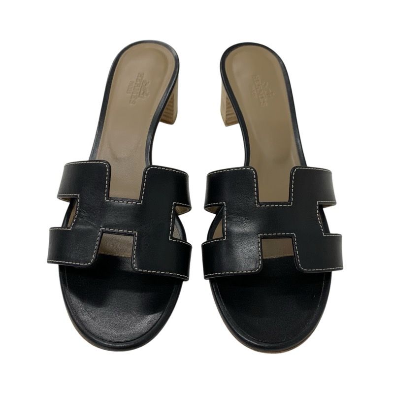 Hermes Oasis Sandals Shoes Leather Black Mules