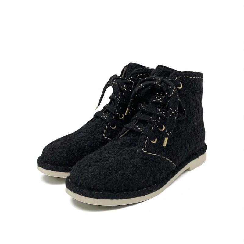 Chanel Boots Short Boots Shoes Tweed Black Gold Black Here Mark Lace Up