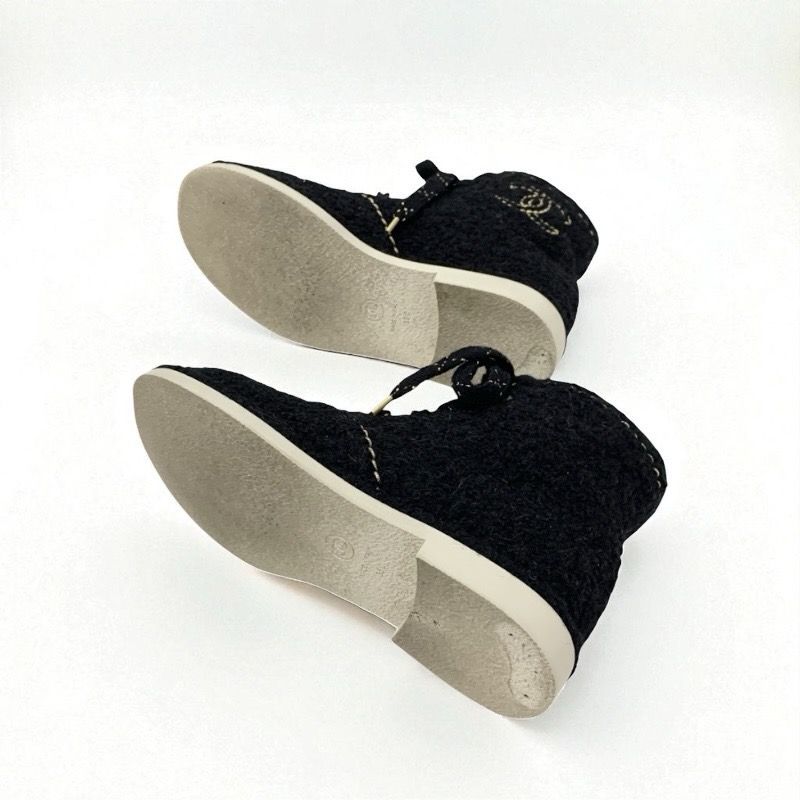 Chanel Boots Short Boots Shoes Tweed Black Gold Black Here Mark Lace Up