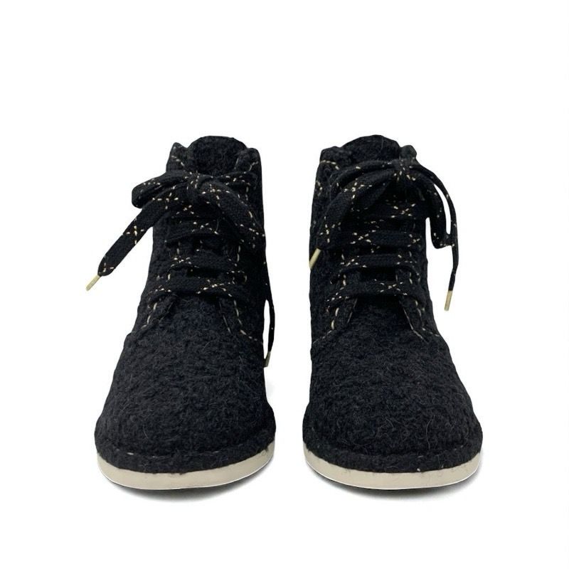 Chanel Boots Short Boots Shoes Tweed Black Gold Black Here Mark Lace Up