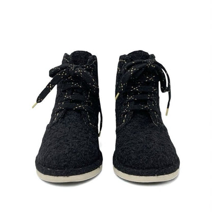 Chanel Boots Short Boots Shoes Tweed Black Gold Black Here Mark Lace Up