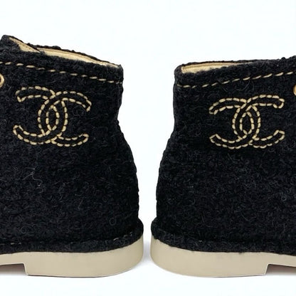 Chanel Boots Short Boots Shoes Tweed Black Gold Black Here Mark Lace Up
