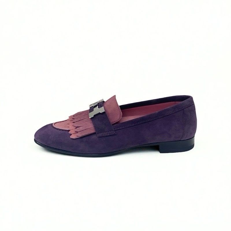 Hermes Royale Loafers Leather Shoes Suede Purple Pink Silver Hhardware Fringe
