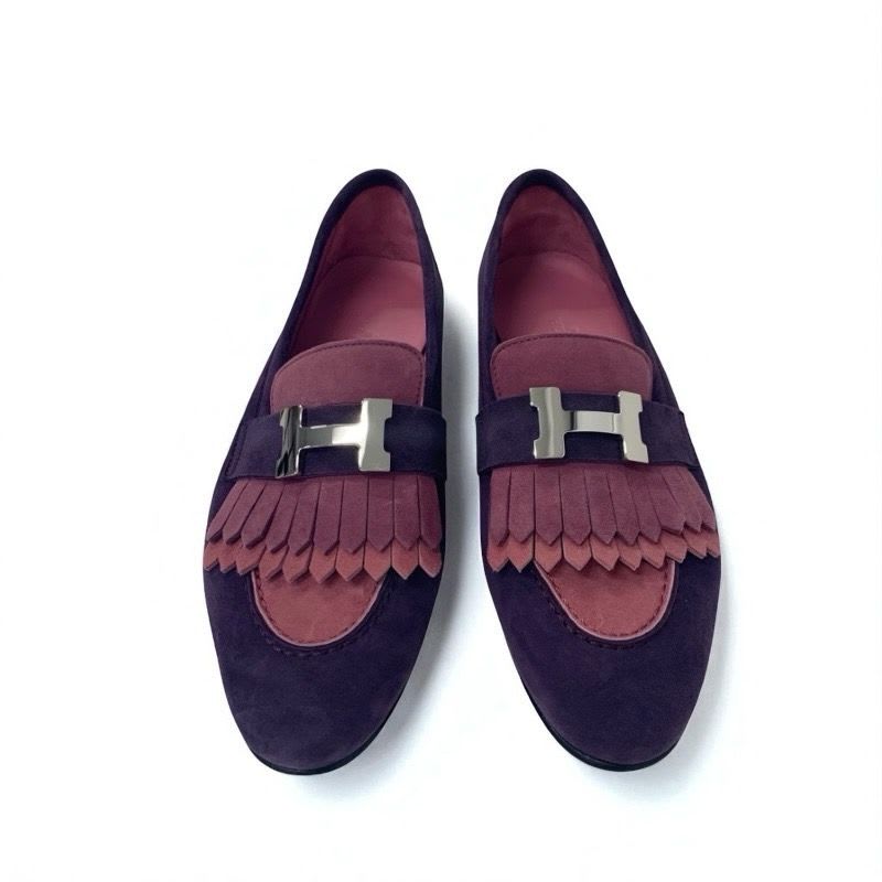 Hermes Royale Loafers Leather Shoes Suede Purple Pink Silver Hhardware Fringe
