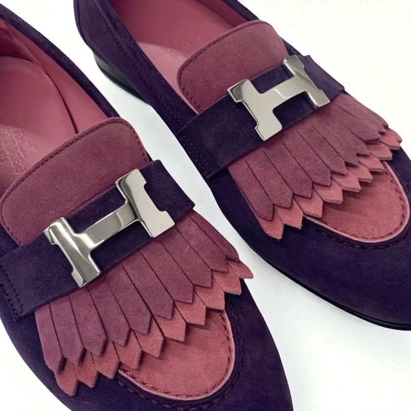 Hermes Royale Loafers Leather Shoes Suede Purple Pink Silver Hhardware Fringe