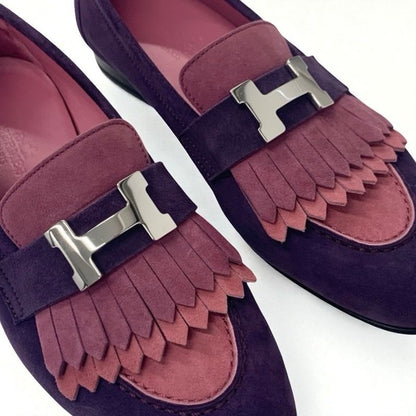 Hermes Royale Loafers Leather Shoes Suede Purple Pink Silver Hhardware Fringe