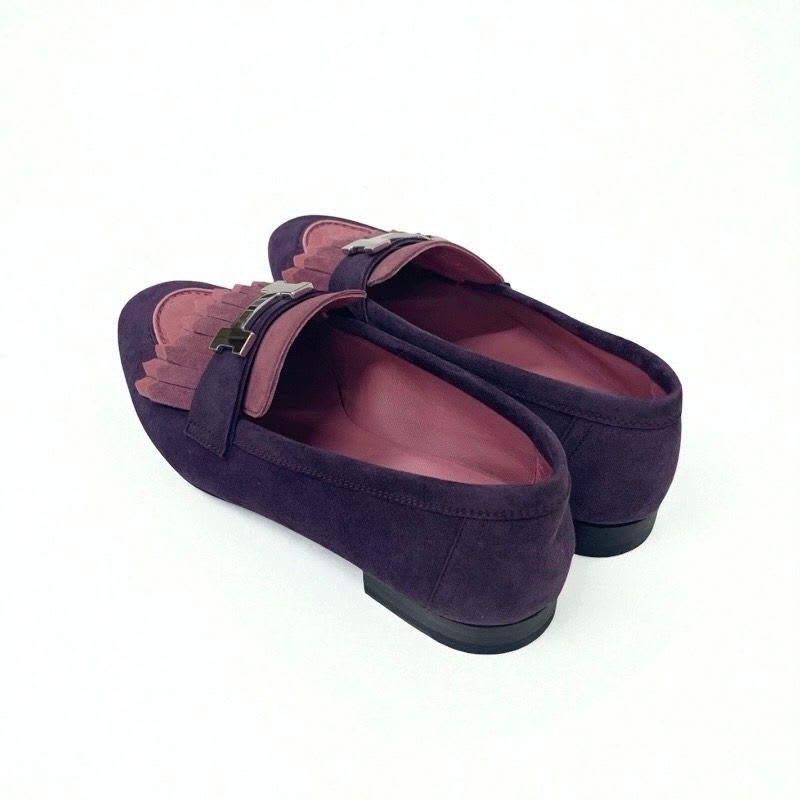 Hermes Royale Loafers Leather Shoes Suede Purple Pink Silver Hhardware Fringe