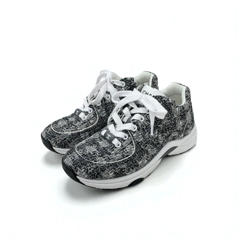 Chanel Sneakers Shoes Fabric Gray Black White Here Mark Logo