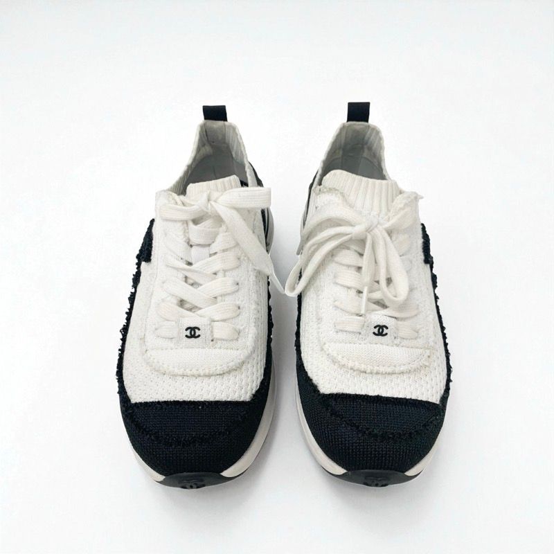 Chanel Sneakers Shoes Knit White Black White Logo Here Mark
