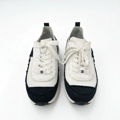 Chanel Sneakers Shoes Knit White Black White Logo Here Mark